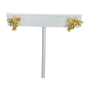 Vintage Gold-Tone Flying Angel Cherub Stud Earrings Women's Religious Jewelry